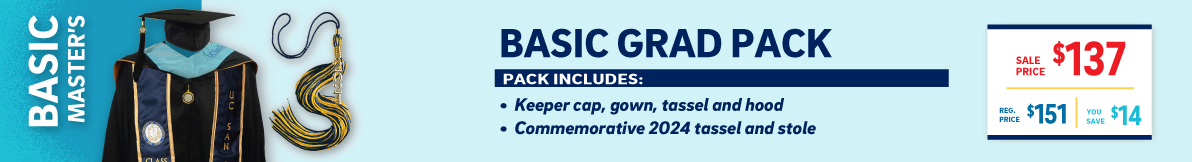 Basic Grad Pack: includes Keeper Cap, Gown, College Tassel, Commemorative 2023 Tassel and Stole.
