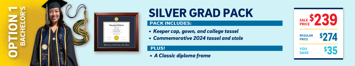 Silver Triton Grad Pack: includes Keeper Cap, Gown, College Tassel, Commemorative 2023 Tassel and Stole, and classic diploma frame.