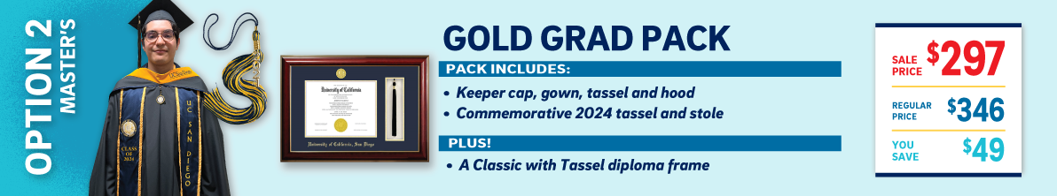 Gold Triton Grad Pack: includes Keeper Cap, Gown, College Tassel, Commemorative 2023 Tassel and Stole, and classic frame with tassel.
