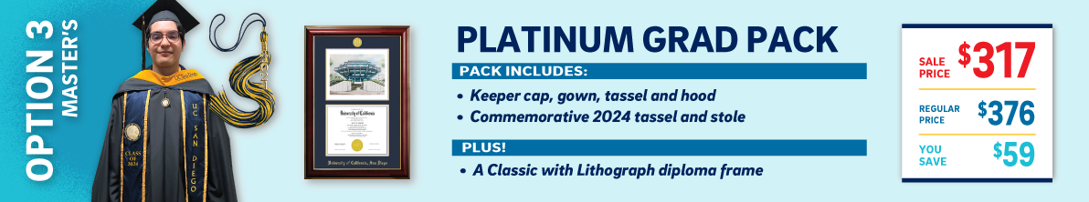 Platinum Triton Grad Pack: includes Keeper Cap, Gown, College Tassel, Commemorative 2023 Tassel and Stole, and classic frame with lithograph.