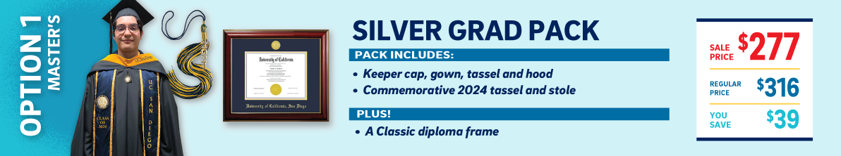 Silver Triton Grad Pack: includes Keeper Cap, Gown, College Tassel, Commemorative 2023 Tassel and Stole, and classic diploma frame